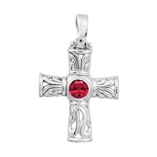 Shine Jewel scelta multipla pietra preziosa di forma rotonda cristiana in argento sterling 925 gioielli con pendente in filigrana a croce (cz rosso)
