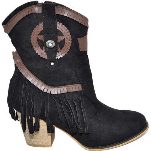 Malu Shoes texano donna estivo camperos nero stivaletti con tacco in legno comodo con frange e stemmi moda cowboy