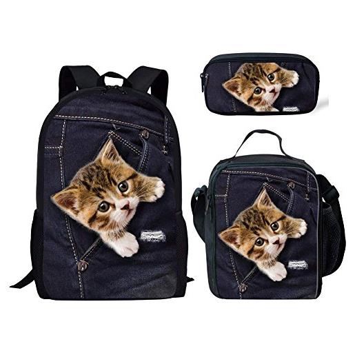 Showudesigns carino blu denim gatto cane scuola zaino trend moda bambini bagpack, set cat 11, taglia unica, classico
