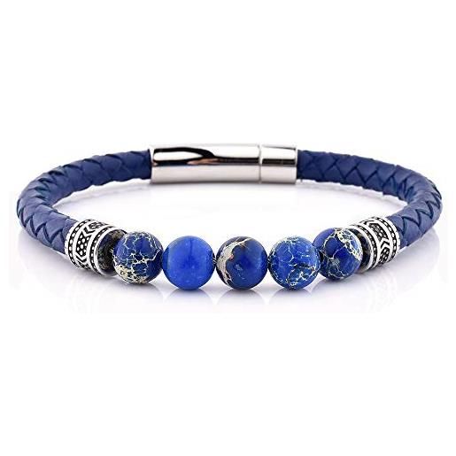 Planetys - bracciale perline di jaspe imperiale blu in vera pelle intrecciato blu acciaio inossidabile