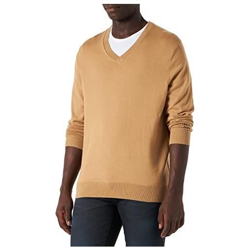 Calvin Klein Jeans stacked logo v-neck sweater j30j322058 maglioni, marrone (timeless camel), l uomo