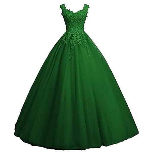 Xinaier abito lungo da donna con scollo a v, in pizzo, da ballo, da sera, con perle, quinceanera, verde scuro, 46