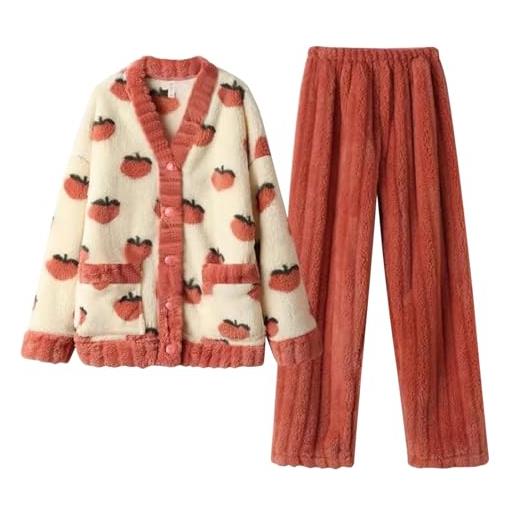 Generico pigiama donna invernale - pigiama di corallo in pile pigiama di flanella set di pantaloni del pigiama abbigliamento per la casa addensato (watermelon red, xl)