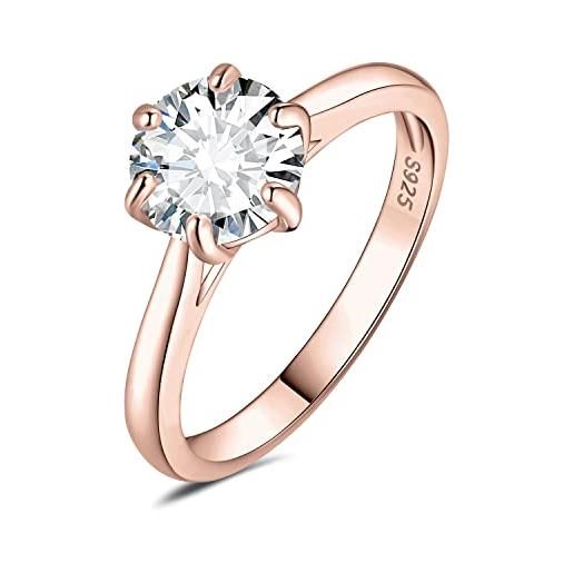 JewelryPalace 2ct classic anello solitario donna argento 925 con creato moissanite, diamante simulato anelli con pietra rotonda, semplice fedine fidanzamento in oro rosa set gioielli donna 14.5