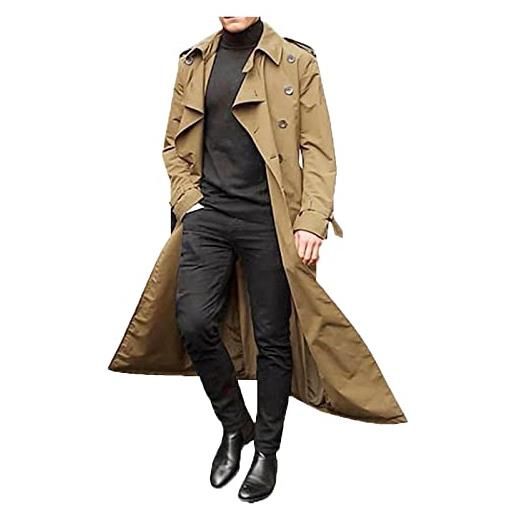 IQYU trench coat - cappotto lungo da uomo, cappotto invernale a doppio petto, vintage, in tinta unita, da lavoro, in softshell, per il tempo libero, da uomo, cachi, m