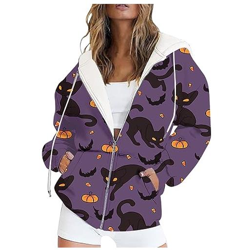 Yowablo felpe con cappuccio da donna con cerniera felpa oversize con stampa di gatto di halloween con giacche autunnali casual a maniche lunghe tascabili maglione invernale elegante (purple-2, xxxl)
