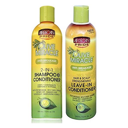 African Pride olive miracle - shampoo e balsamo anti-rottura 2 in 1, 355 ml, balsamo senza risciacquo, 355 ml
