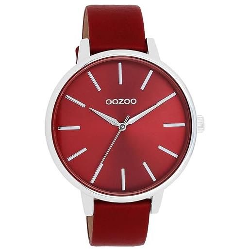 Oozoo timepieces - orologio da polso da donna con cinturino in pelle, di alta qualità, da donna, elegante, analogico, rotondo, silver dahlia red/silver, cinghia