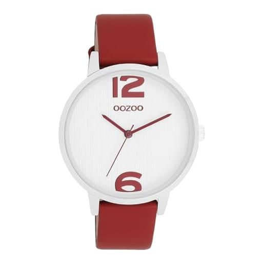 Oozoo timepieces - orologio da polso da donna con cinturino in pelle, di alta qualità, da donna, elegante, analogico, rotondo, silver dahlia red/ white /dahlia red