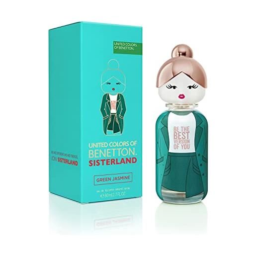 United Colors of Benetton, sisterland green jasmine, eau de toilette spray per donne, fragranza floreale fruttata con mandarino, pera, gelsomino, fiori d'arancio, vaniglia e muschio - 80 ml