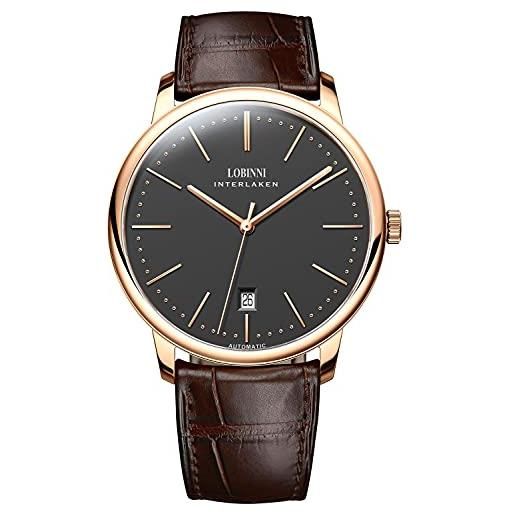 Lobinni Orologio da uomo con calendario di lusso in acciaio inossidabile con cinturino meccanico automatico in stile casual, Rosa-bianco-L, Meccanico