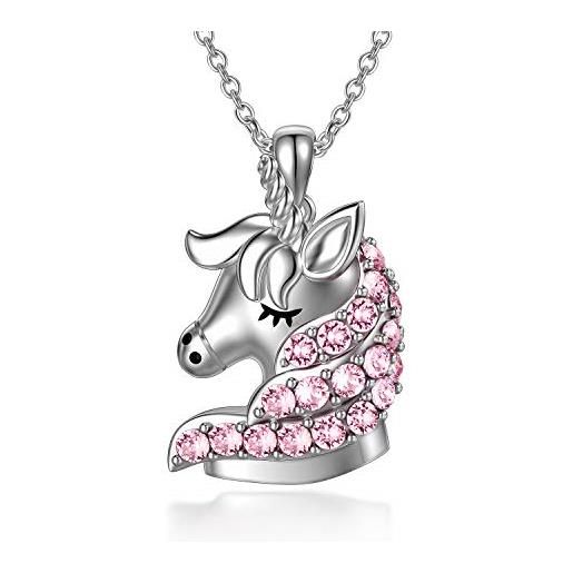 AOBOCO collana con ciondolo unicorno in argento sterling con cristalli, gioielli unicorno regali di compleanno per ragazze, donne, figlie (rosa)