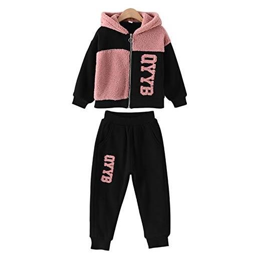 amropi 2 pcs set completo ragazze cappotto con cappuccio + pantaloni jogging inverno tuta rosa nero, 3-4 anni