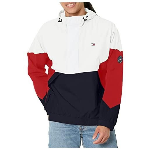Tommy Hilfiger giacca a vento da uomo in taslan leggera con cappuccio, impermeabile, stile retrò, bianco/navy color block, m