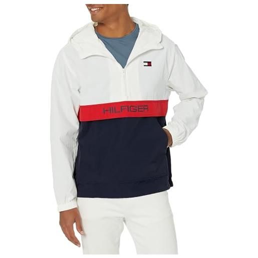 Tommy Hilfiger giacca a vento da uomo in taslan leggera con cappuccio, impermeabile, stile retrò, bianco/navy color block, m