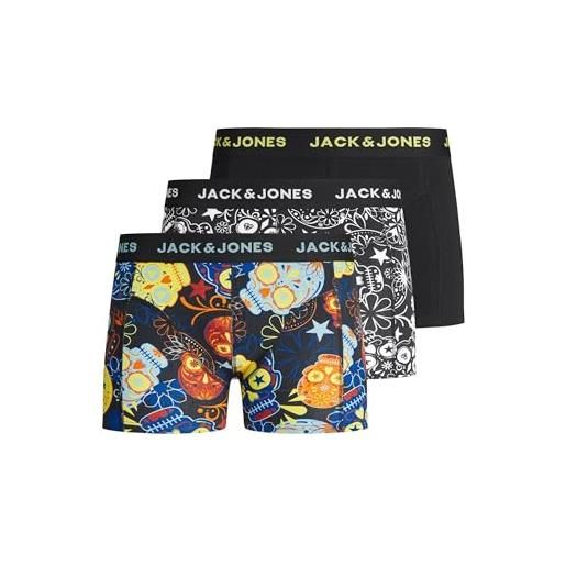 Jack & jones junior jacsugar-tronchi di teschio, confezione da 3 jr boxer a pantaloncino, nero/dettaglio: nero-giallo blazing, 164 cm bambini e ragazzi