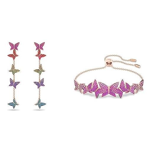 Swarovski orecchini pendenti lilia, farfalla, lunghi, placcato color oro rosa & braccialetto lilia, farfalla, rosa, placcato color oro rosa