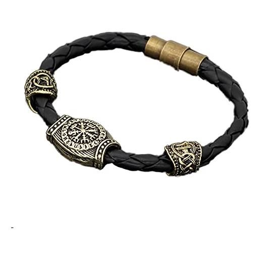 DFWY viking vegvisir bussola runa perline braccialetto intrecciato cavo di pelle, braccialetto amuleto totem nodo irlandese fatto a mano, mitologia nordica accessori slavi pagani celtici ( color: bronze )