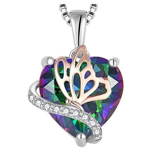 YL collana farfalla cuore in argento 925 con ciondolo da donna con pietra curativa arcobaleno nero zirconia cubica