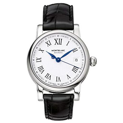 Mont. Blanc 107115 - orologio automatico da uomo con data, quadrante argentato e cinturino in pelle nera