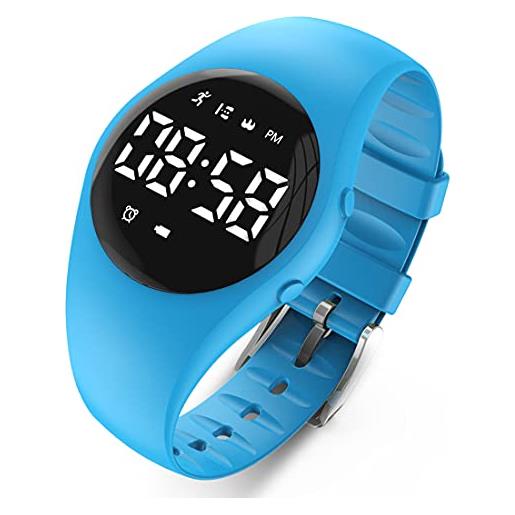 Focwony orologio digitale con contapassi a led, contapassi, senza bluetooth, sveglia vibrante, cronometro, ottimo regalo per bambini, ragazzi, ragazze e donne, blu, cinturino