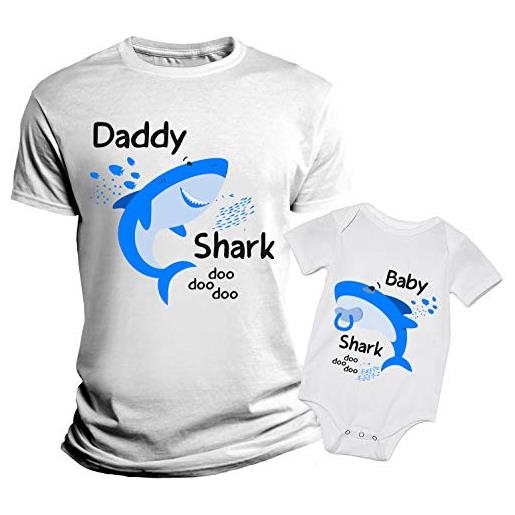 Overthetee coppia t-shirt e body neonato festa del papà divertente padre figlio daddy shark baby shark idea regalo maglietta papà