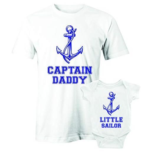 Puzzletee coppia t-shirt e body padre figlio festa del papà captain daddy, little sailor ancora papa bimbo maglietta e body papà e bimbo idea regalo