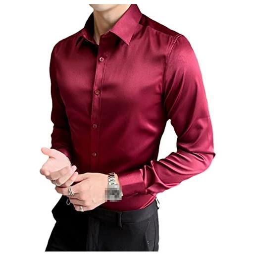 Suvoiier camicie da uomo in raso rosso vino slim fit camicia a maniche lunghe da uomo casual liscio elasticizzato chemise, marina militare, l