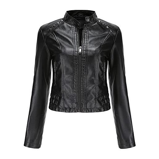 CLFLO giacca corta da donna in pelle pu manica lunga top donna sottile stand collare moda giacca. Nero-s