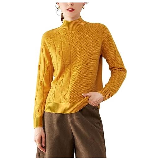 DISSA rms3302 - maglione da donna in cashmere con colletto alto, a maniche lunghe, in lana di cashmere, giallo. , 42