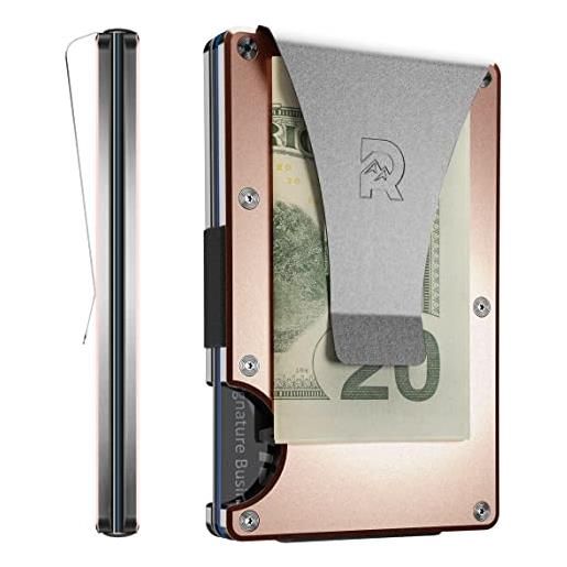 The Ridge minimalist slim wallet for men - rfid blocking front pocket credit card holder - aluminum metal small mens wallets with money clip (rose gold)