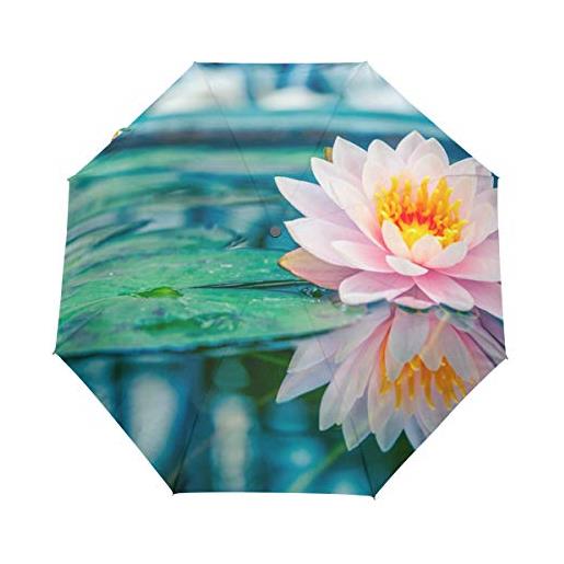 Mnsruu ombrello compatto da viaggio, bellissimo fiore di loto rosa con riflessione automatica, antivento, anti-uv