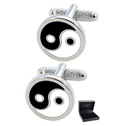 COLLAR AND CUFFS LONDON - gemelli di alta qualità e scatola regalo - ottone - simbolo yin e yang - uguaglianza - colori nero bianco e argento