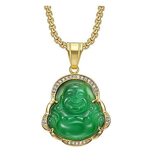 Gilieyer collana buddha di giada verde, collane con ciondolo buddha che ride fortunato collana buddha giada cubic zirconia ciondolo amuleto collane gioielli regalo per uomo donna (verde)