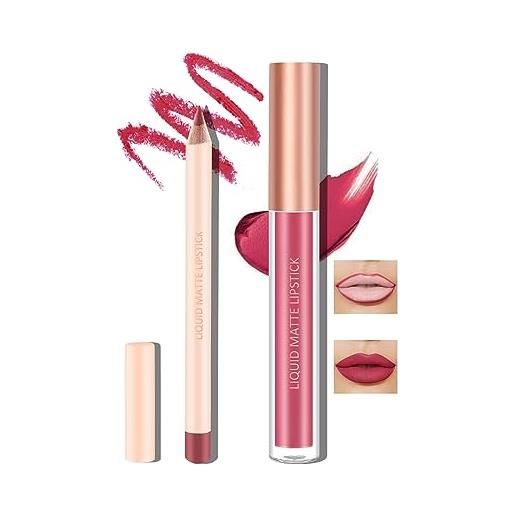 Boobeen rossetto liquido opaco e matita linea labbra, nudo rosso trucco labbra longwear impermeabile penne lipliner e velluto macchia labbra lucidalabbra liscio labbra make up set regalo (#10)