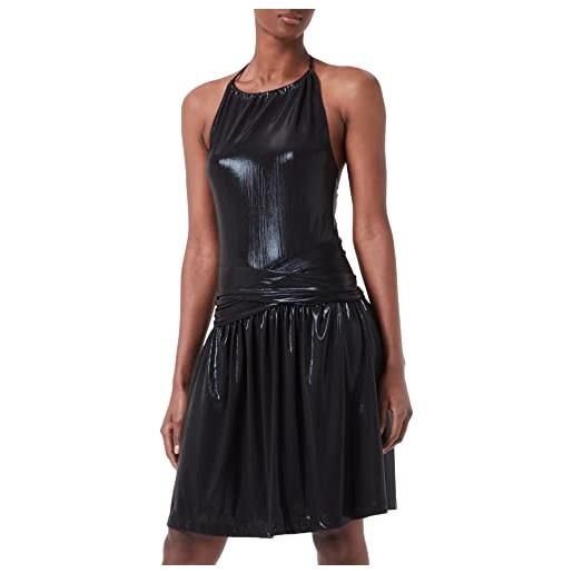 Love Moschino dress in silver coated stretch jersey with belted waist. Vestito, nero, 40 donna