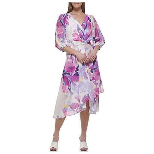 DKNY stampa floreale faux-wrap v-neck tie-waist 3/4 balloon sleeve chiffon midi dress cocktail, crema/lampone, 40 donna