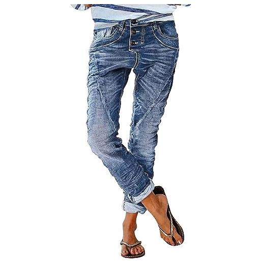 Yeooa jeans dritti lunghi a vita bassa da donna pantaloni elastici a gamba piccola jeans slim elasticizzati con bottoni cardigan jeans larghi a righe pieghettate vintage (blu, l)
