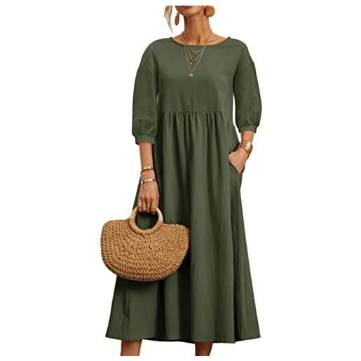 Ausla abito lungo da donna con maniche a sbuffo a 3/4 con scollo rotondo e pieghe larghe con tasca(s-verde)