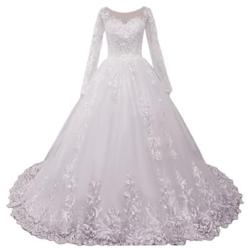 HEULORIA abito da sposa principesco perline pizzo manica lunga grand vestito da sposa lungo treno ba-vl-0625 (42, white)