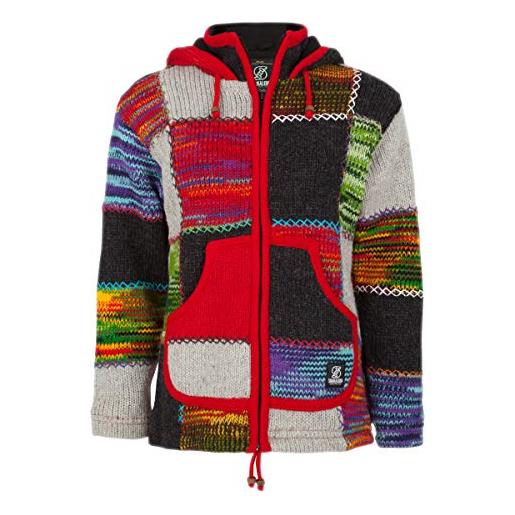 SHAKALOHA LIFE IS FOR LIVING shakaloha - cardigan patchwork in lana con cappuccio - w patch nh multi per donna - giacca di lana prodotta in nepal, con cappuccio foderato in pile, multi donna cardigan patchwork lana, xl