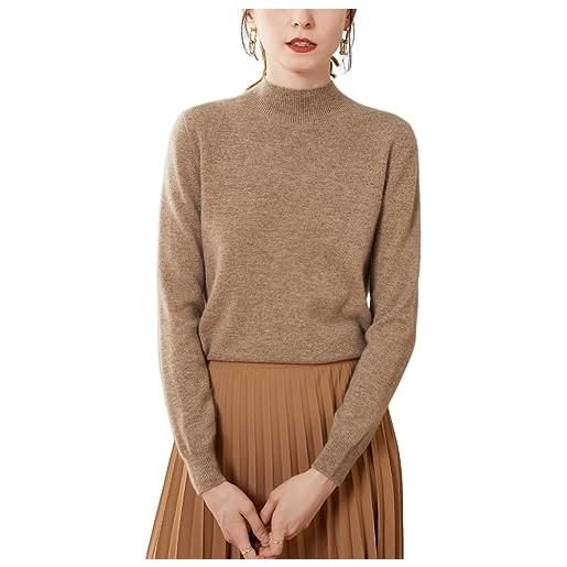 DISSA spr2261 - maglione da donna in cashmere con colletto alto, a maniche lunghe, in lana di cashmere, tinta unita, marrone, 46