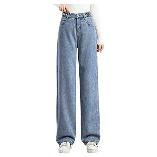 semen pantaloni da donna a vita alta foderati in pile gamba larga jeans invernali caldi larghi boyfriends jeans, blu, 46