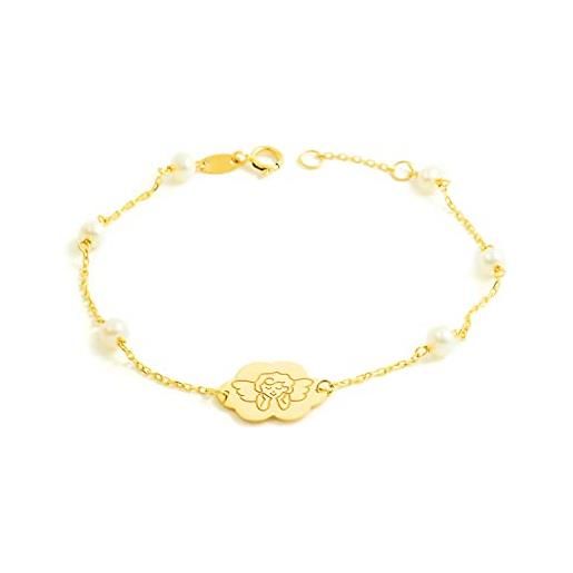 Monde Petit mondepetit - bracciale donna ragazza oro giallo 9k perla rotondo 4 mm brillante angelo 17 cm - scatola regalo - certificato di garanzia