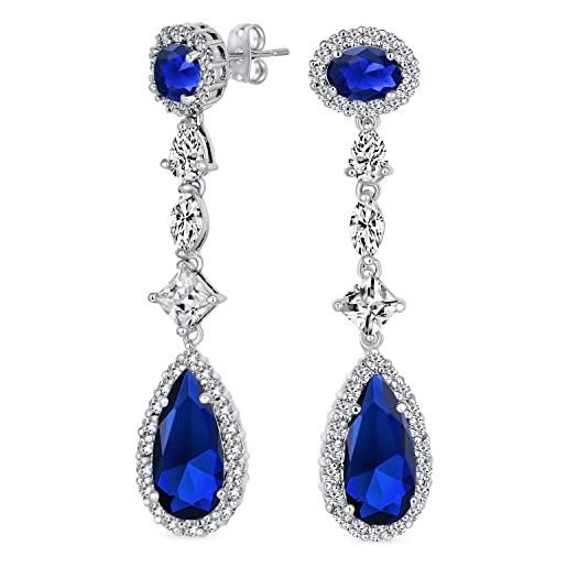 Bling Jewelry art deco vintage style wedding simulato royal blue sapphire aaa cubic zirconia halo long pear solitaire teardrop cz statement dangle chandelier earrings for women bridal party argento placcato