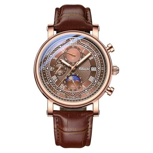 FORSINING orologio da polso da uomo, analogico, al quarzo, in pelle, con fasi lunari, stile casual, impermeabile, cronografo, marrone