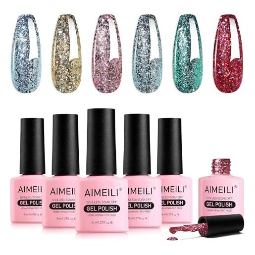 AIMEILI smalto semipermanente glitter gel unghie kit super shine semipermanenti colorati in gel soak off uv led gel nail polish per manicure set 56, 6x8ml