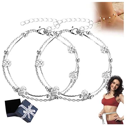 behound slimplif slimming anklet, anklets for women waterproof, anti swelling anklet, double layer diamond ball crystal anklets, rhinestone beads pendant foot chains (silver*2)