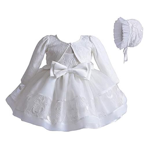 Carolilly vestito battesimo bambina neonata abito in pizzo bianco 3 pezzi coprispalla elegante+abito bianco+cappello cerimonia matrimonio，6-9 mesi