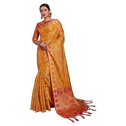STYLE INSTANT sari per le donne banarasi patola art seta tessuto sari l indiano etnico regalo di nozze sari con camicetta non cucita, senape, etichettalia unica